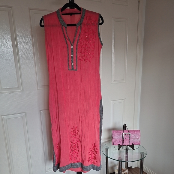 Dresses & Skirts - Embroidered Flower Large Pink Long Dress - Side Slits Pink Formal Dress